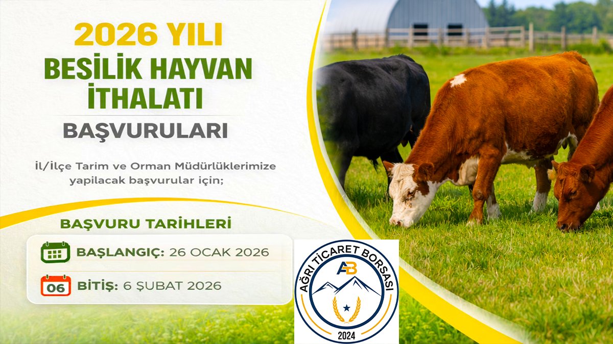 Ağrı Ticaret Borsası duyurdu: 2026 besilik hayvan ithalatı başvuruları için takvim belli oldu