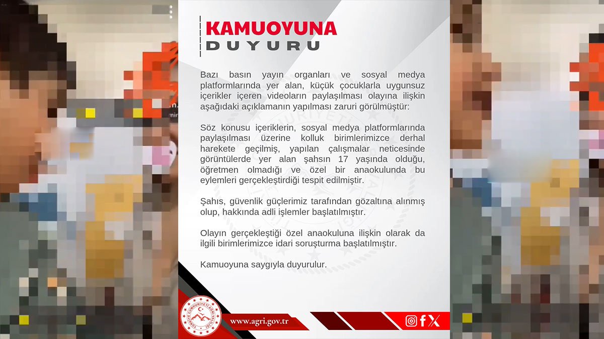 Ağrı Valiliği Duyurdu: Özel Anaokulundaki Uygunsuz Görüntüler İçin Soruşturma Başlatıldı