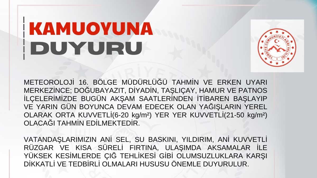 Ağrı Valiliği'nden Kuvvetli Yağış Uyarısı