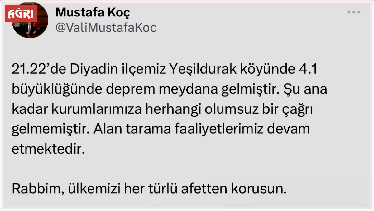 Ağrı Valisi Koç: "Şu ana kadar kurumlarımıza herhangi olumsuz bir çağrı gelmemiştir"