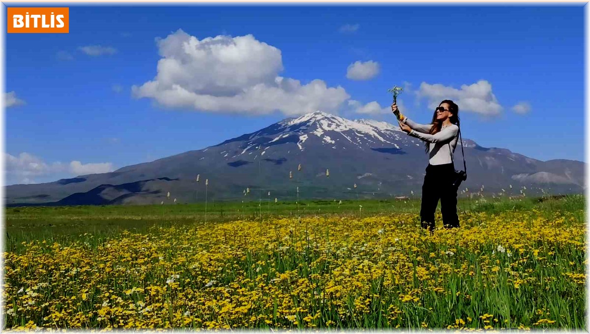 Bahar çiçekleriyle renklenen Sütey Yaylası ve Süphan Dağı hayranlık uyandırıyor
