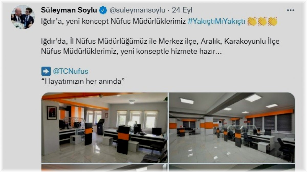 Bakan Soylu, yenilenen Iğdır Nüfus Müdürlükleri'ni sosyal medyadan tanıttı