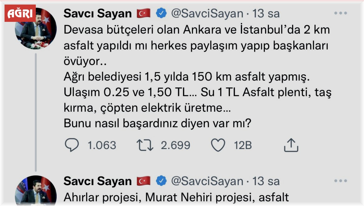 Başkan Sayan: "Ağrı'da yaptığımız projeleri gören yok"