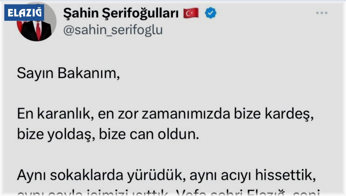 Başkan Şerifoğulları'ndan Murat Kurum'a: "Elazığ'dan koca yürekli Kara Murat'a selam olsun"