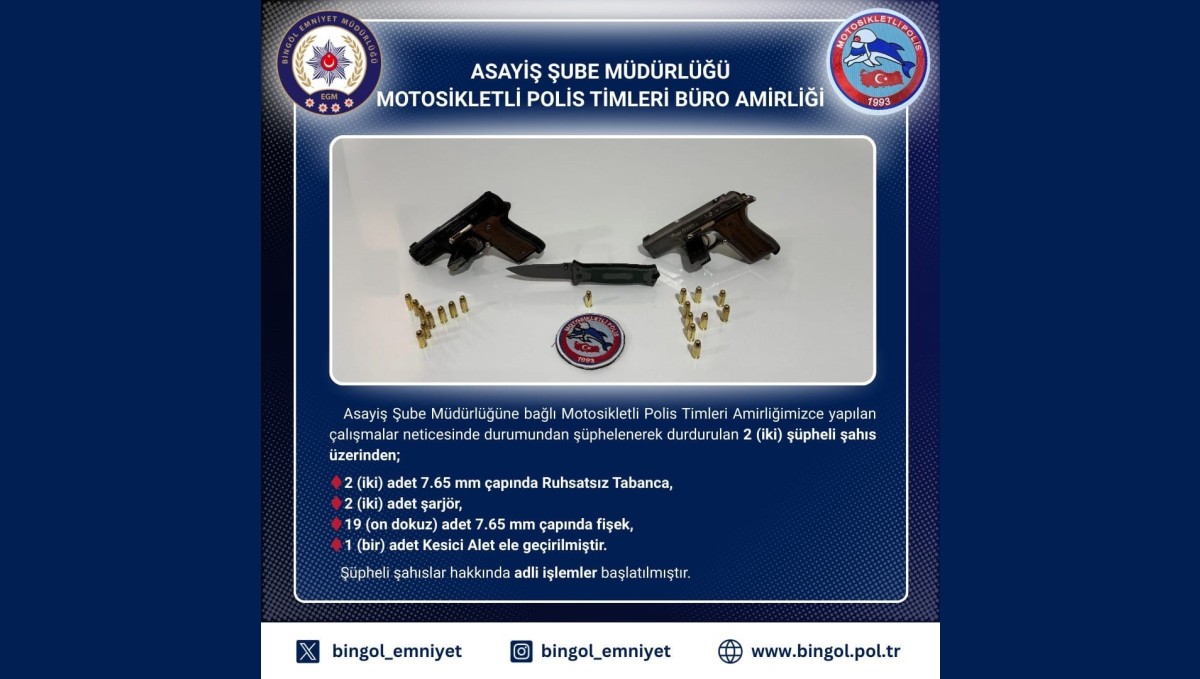 Bingöl'de 2 ruhsatsız tabanca ele geçirildi