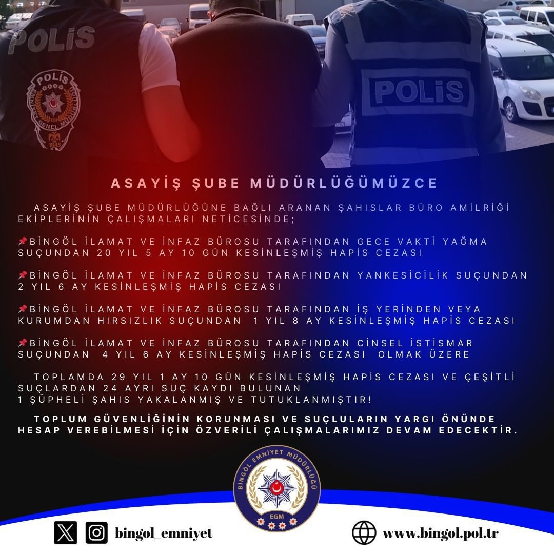 Bingöl'de 29 yıl kesinleşmiş hapis cezası bulunan şahıs yakalandı