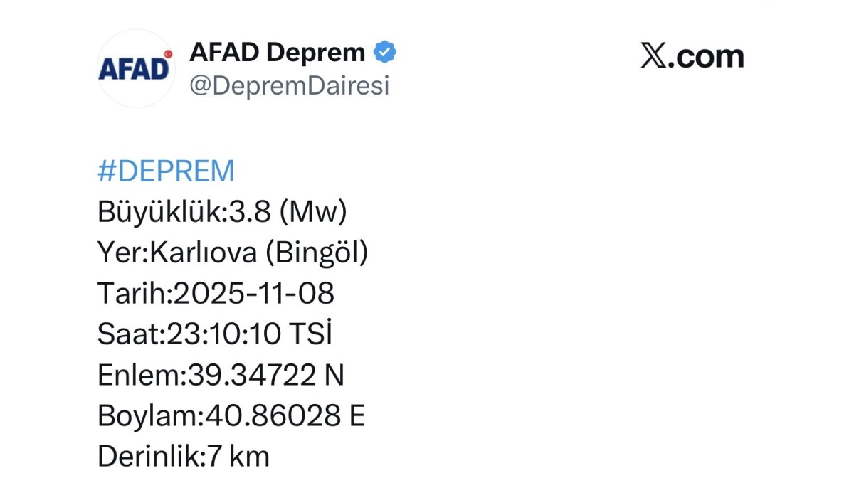 Bingöl'de 3.8 büyüklüğünde deprem