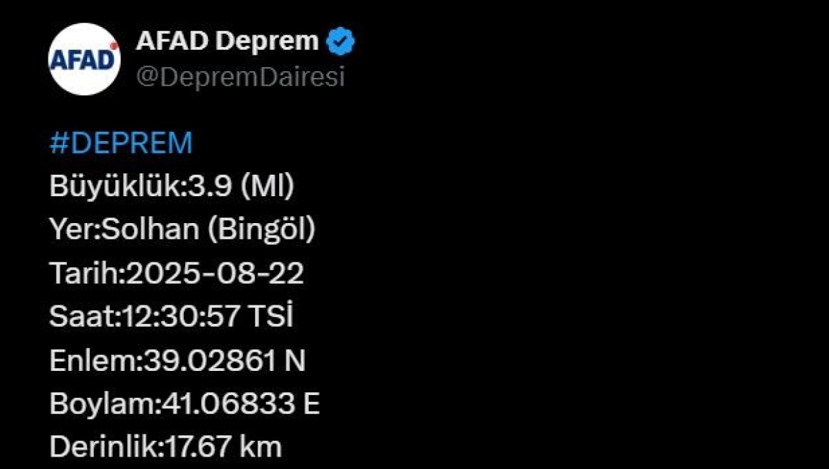 Bingöl'de 3.9 büyüklüğünde deprem