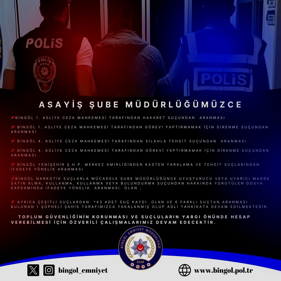 Bingöl'de 43 adet suç kaydı bulunan şüpheli yakalandı