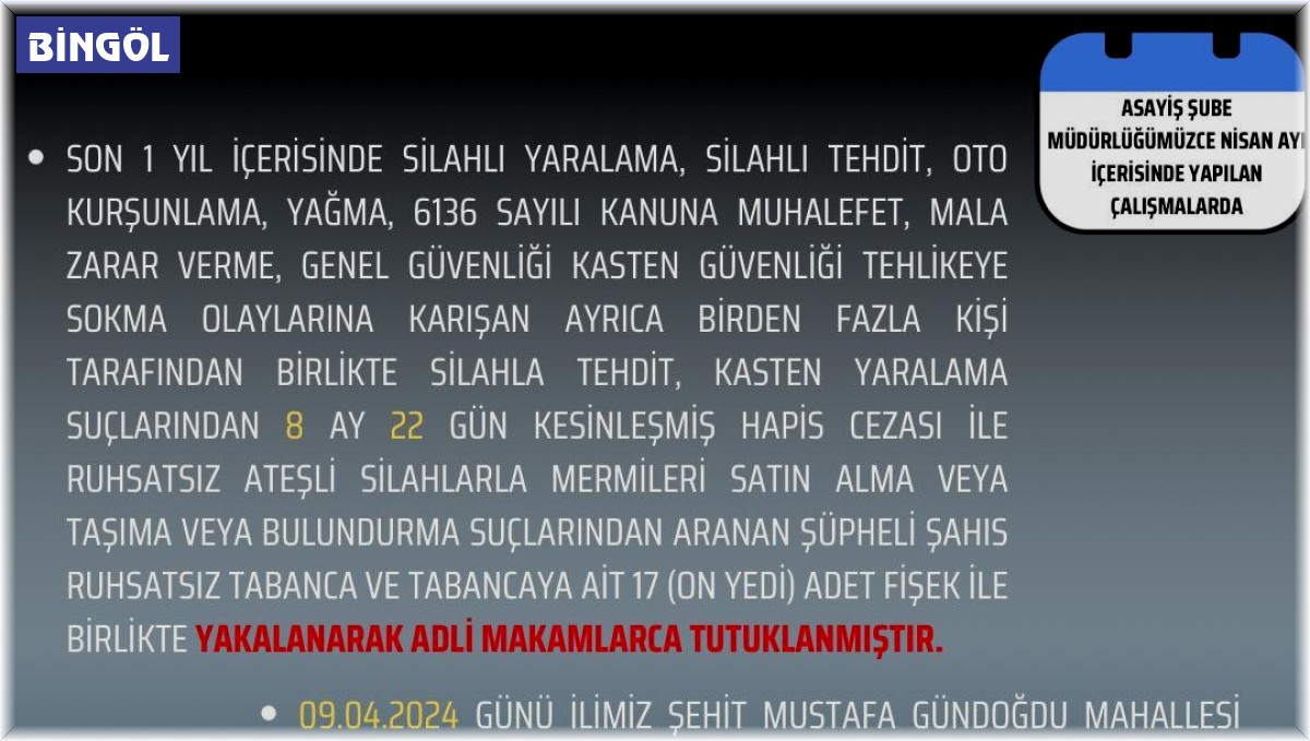 Bingöl'de asayiş şube müdürlüğü nisan ayı faaliyetlerini açıkladı