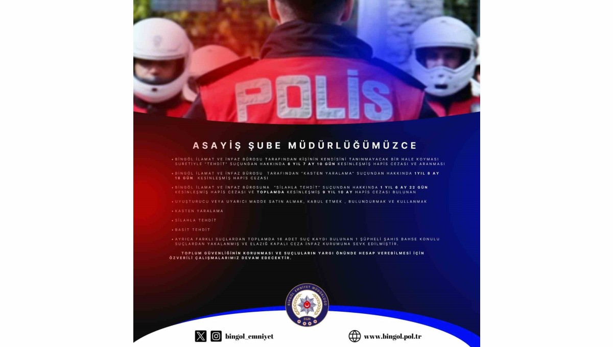 Bingöl'de hakkında 18 yıl kesinleşmiş hapis cezası bulunan şahıs yakalandı