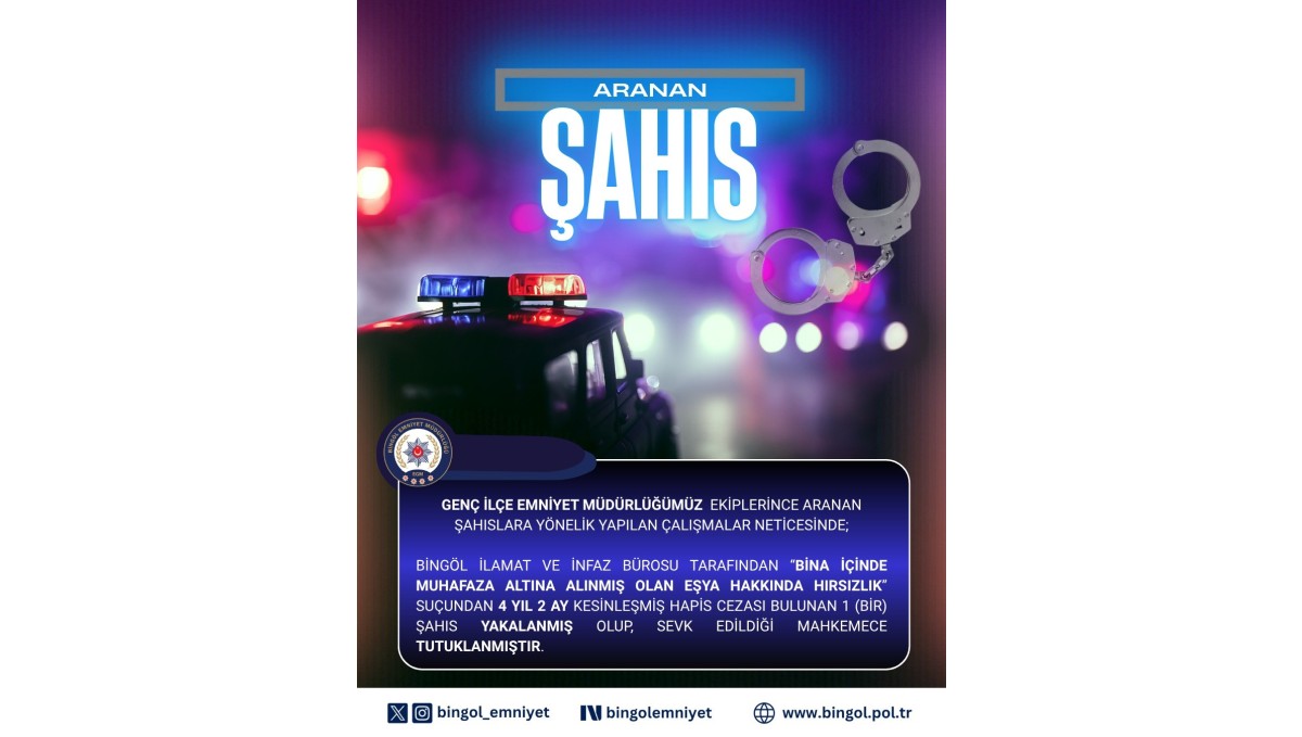 Bingöl'de hakkında 4 yıl kesinleşmiş hapis cezası bulunan şahıs yakalandı