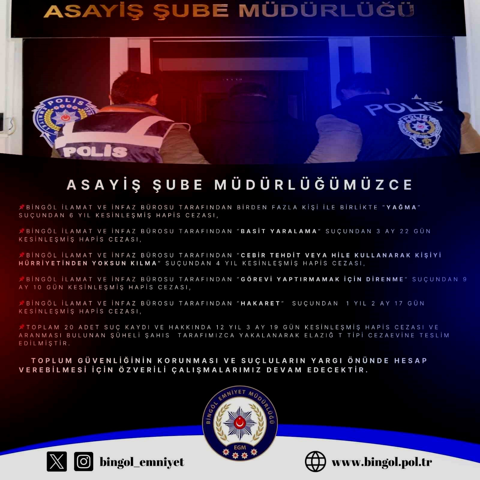 Bingöl'de kesinleşmiş hapis cezası bulunan 6 zanlı yakalandı