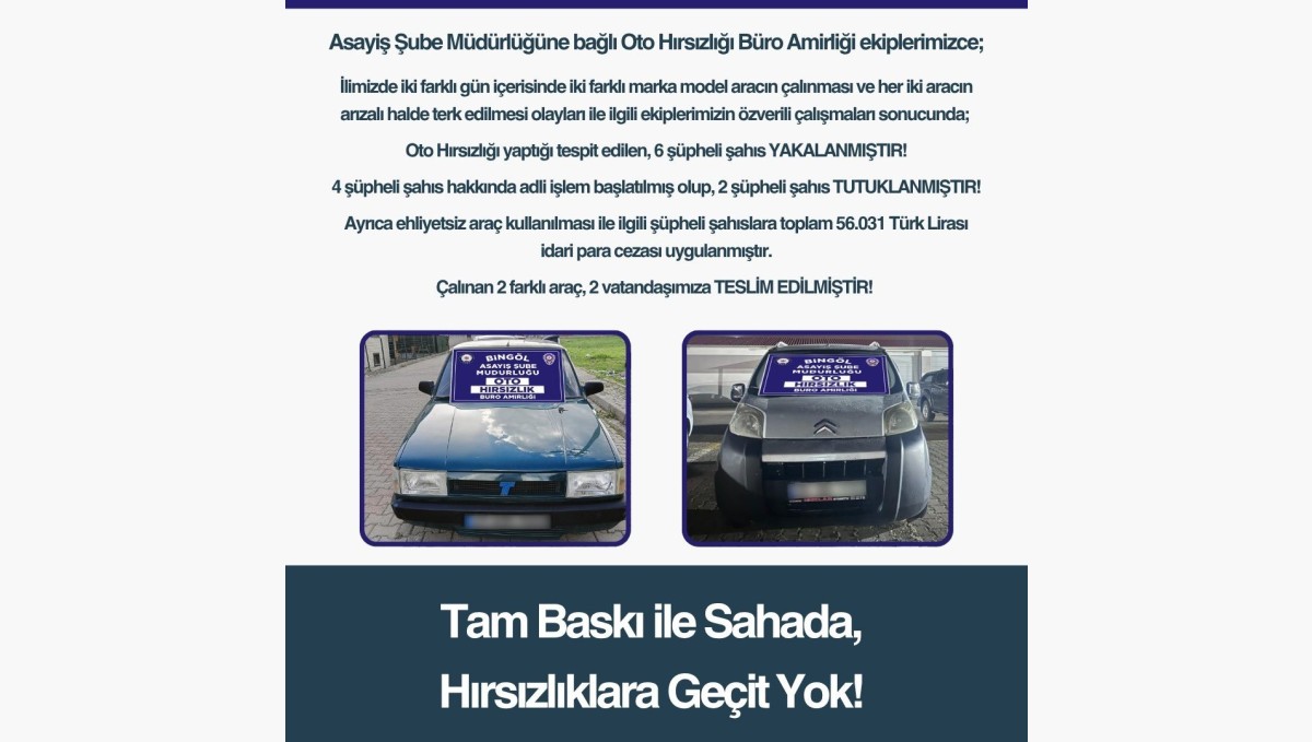 Bingöl'de oto hırsızlığı yapan 6 şüpheli yakalandı