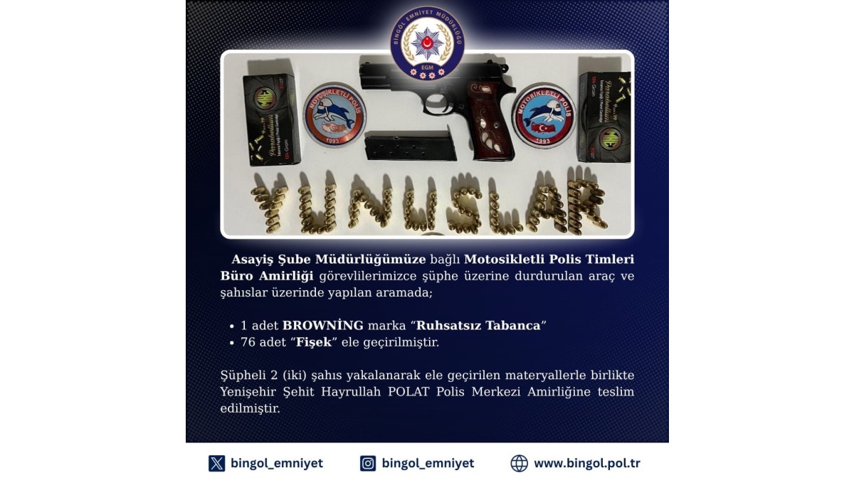 Bingöl'de ruhsatsız tabanca ele geçirildi