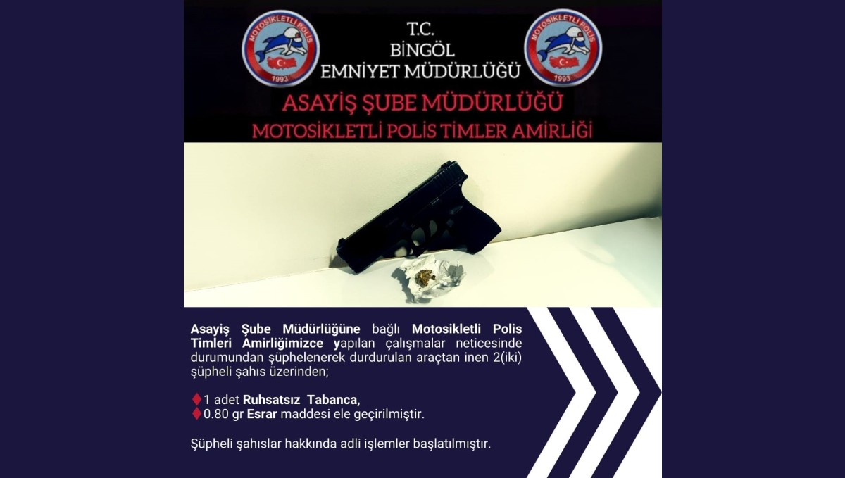 Bingöl'de ruhsatsız tabanca ve uyuşturucu ele geçirildi