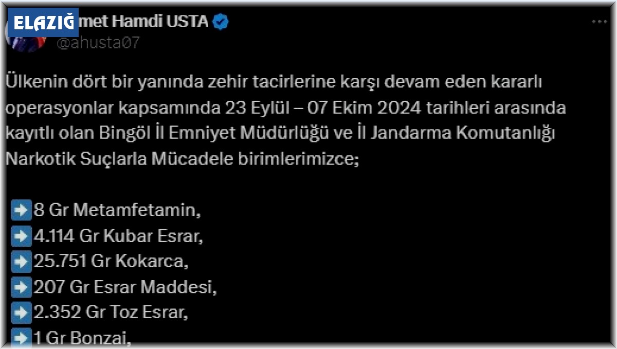 Bingöl'de son bir haftanın asayiş verileri açıklandı: 28 gözaltı, 2 tutuklama
