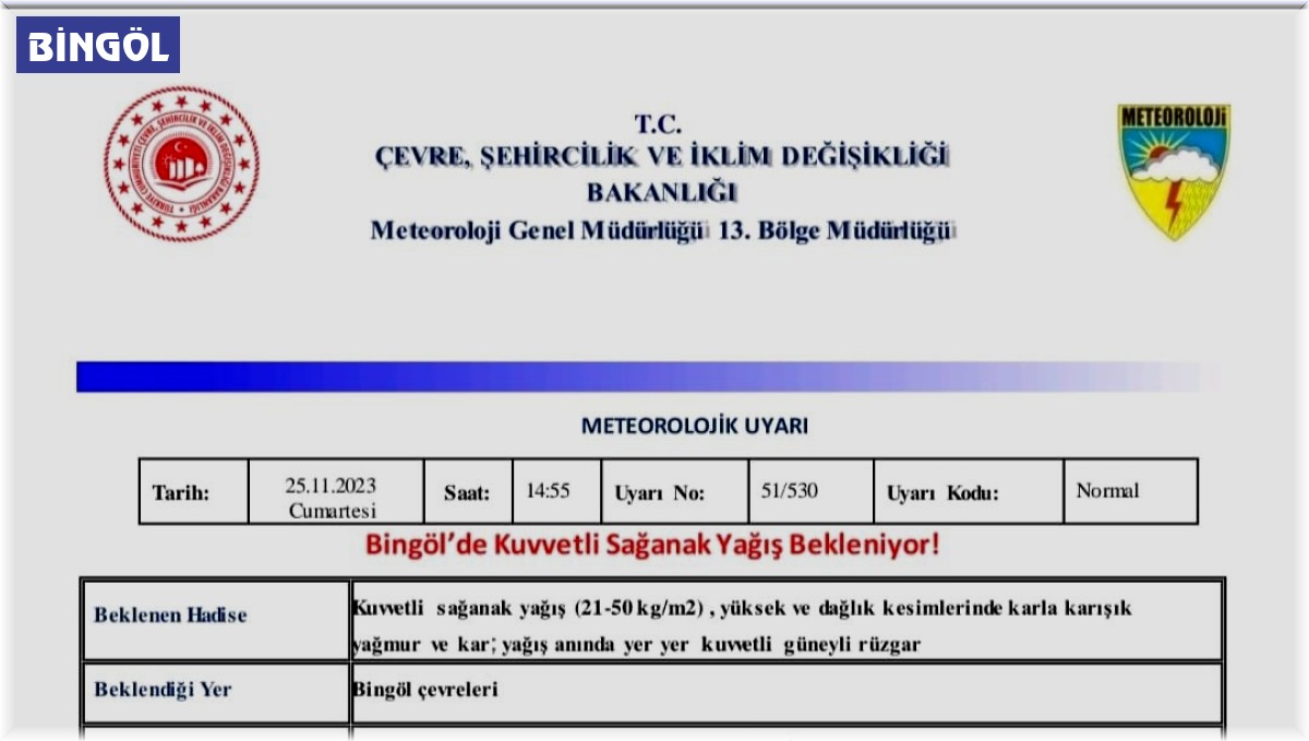 Bingöl Valiliğinden kuvvetli sağanak yağış uyarısı