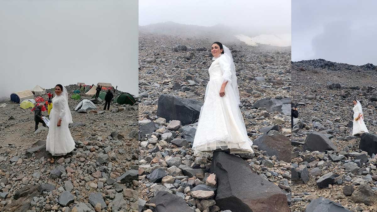 Dağcı Sevgül Eraslan, Ağrı Dağı’nda gelinlik giyerek kadın ve çocuklara yönelik şiddete dikkat çekti