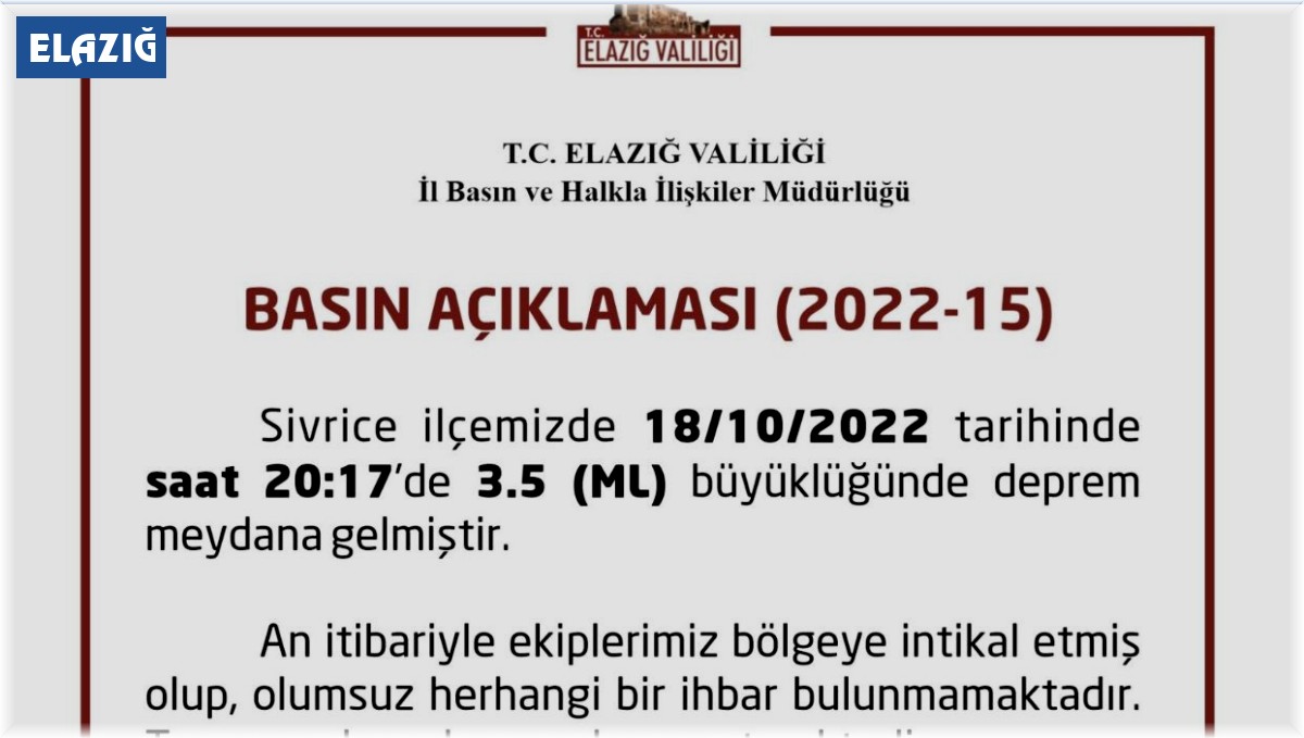 Elazığ'da 3.5 büyüklüğünde deprem