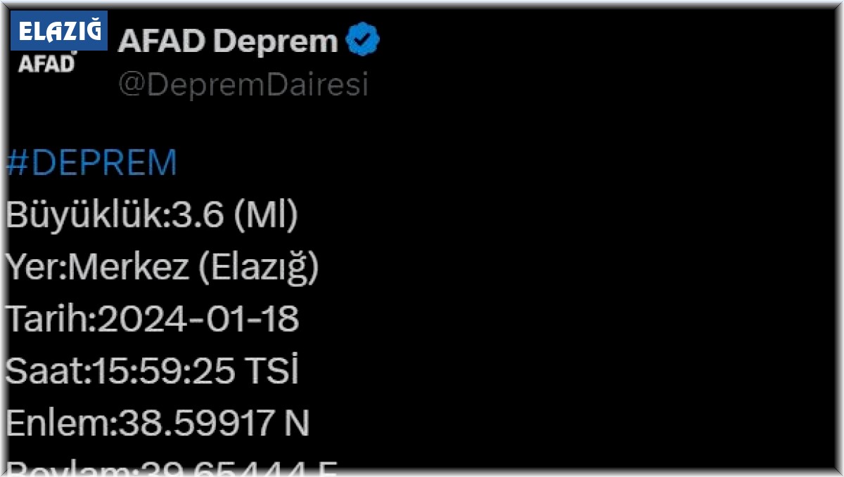 Elazığ'da 3.6 büyüklüğünde deprem