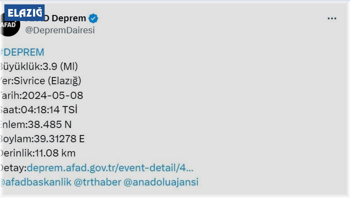Elazığ'da 3.9 büyüklüğünde deprem