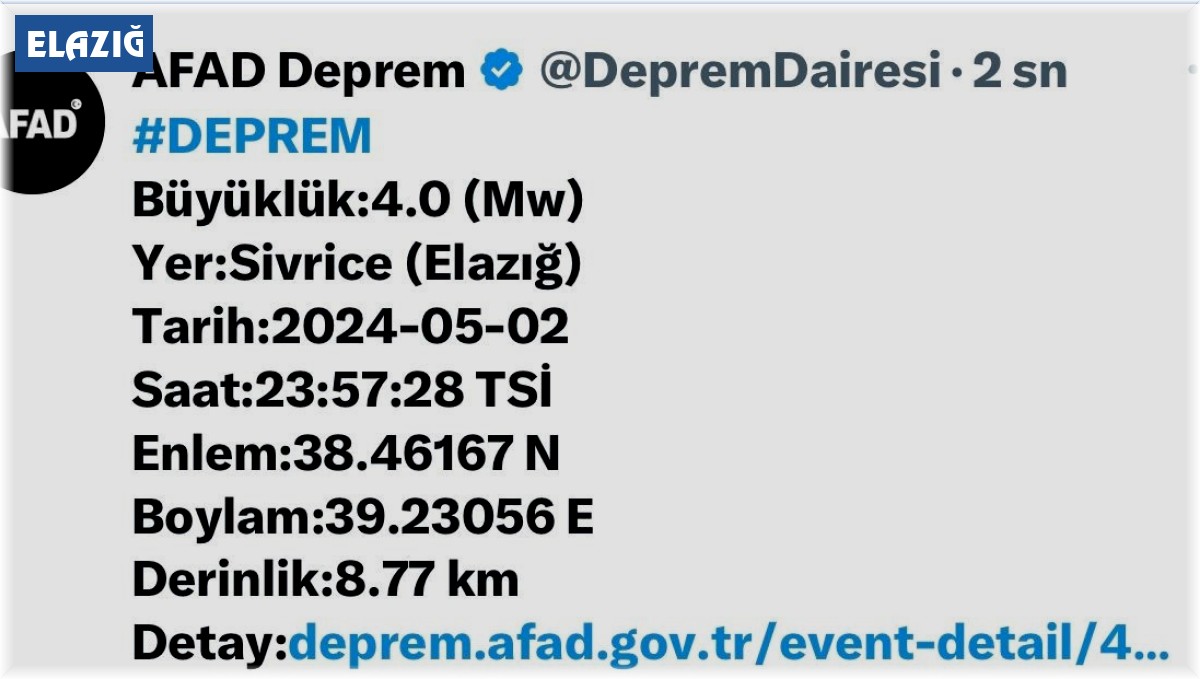 Elazığ'da 4.0 büyüklüğünde deprem