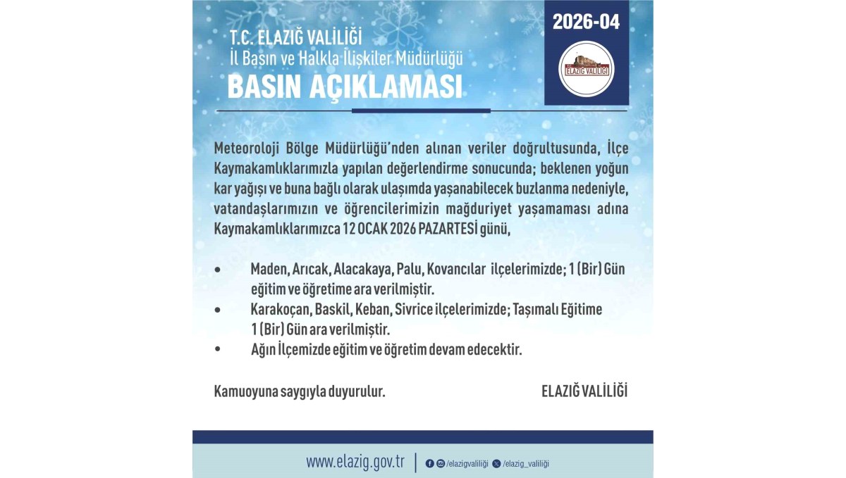 Elazığ'da 5 ilçede eğitim-öğretime ara verildi