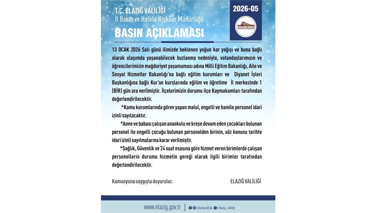 Elazığ'da eğitim-öğretime 1 gün ara verildi