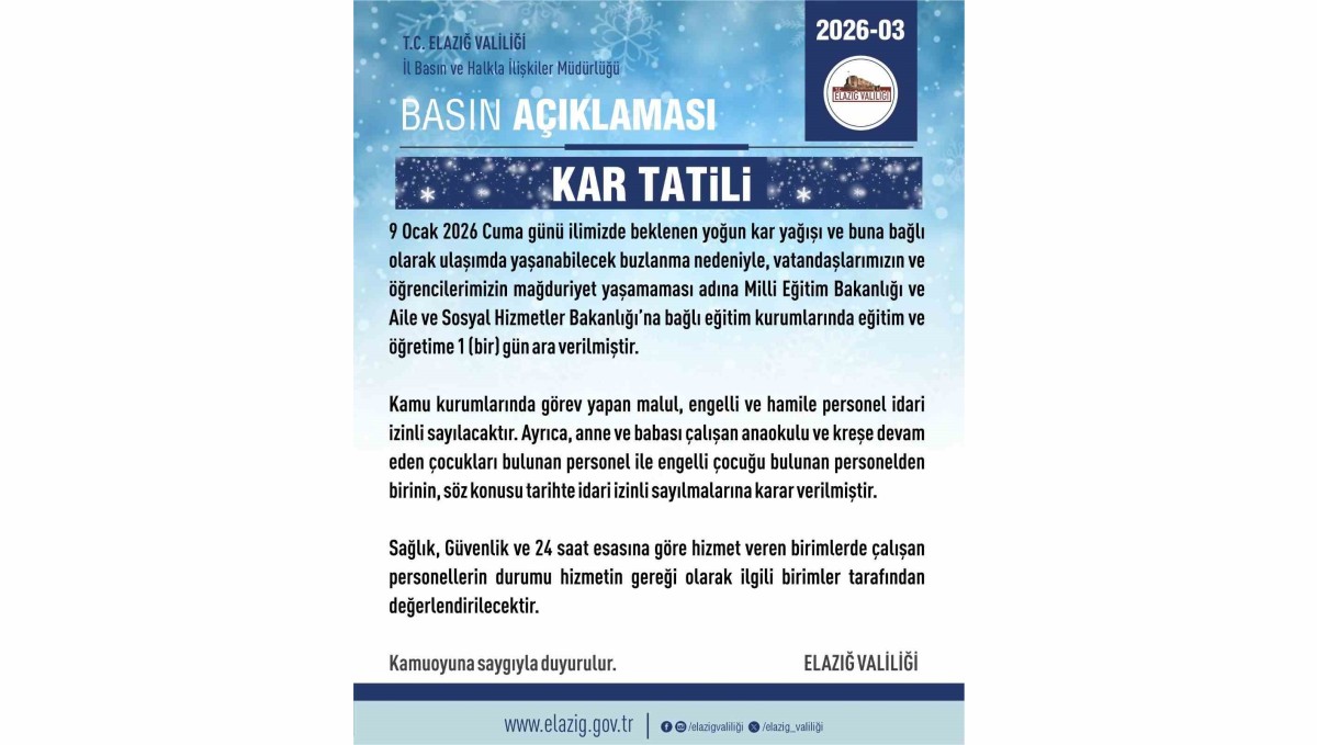 Elazığ'da eğitime 1 gün ara verildi