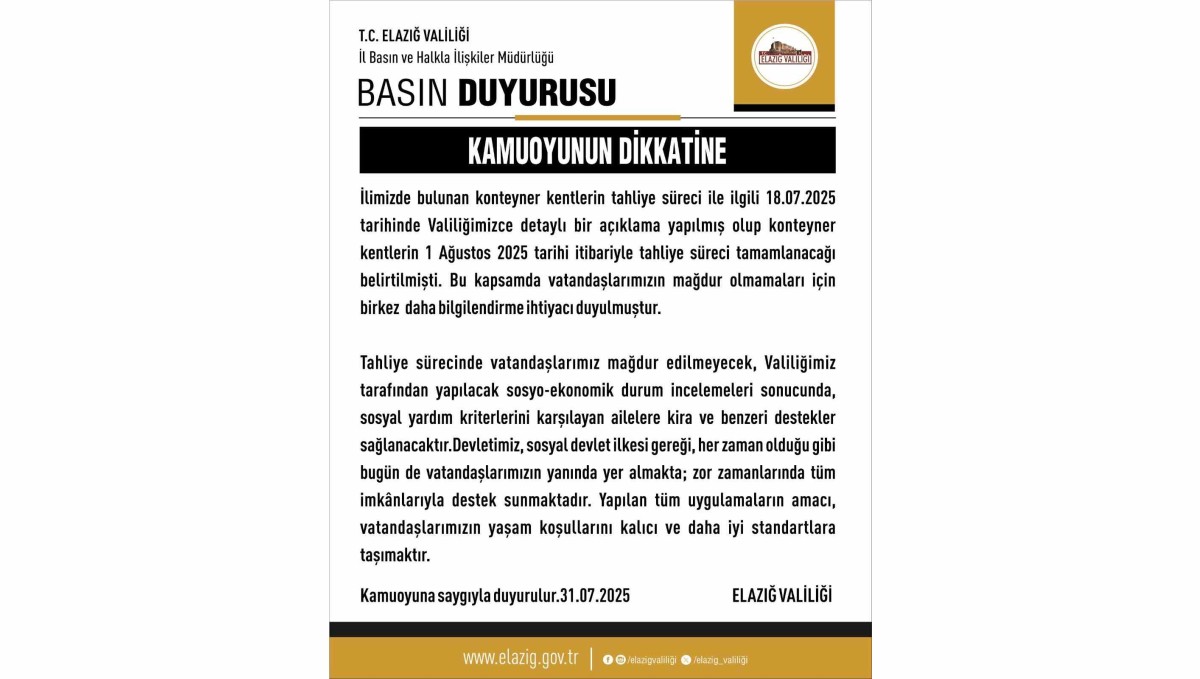 Elazığ'da konteyner kentler yarın tahliye ediliyor