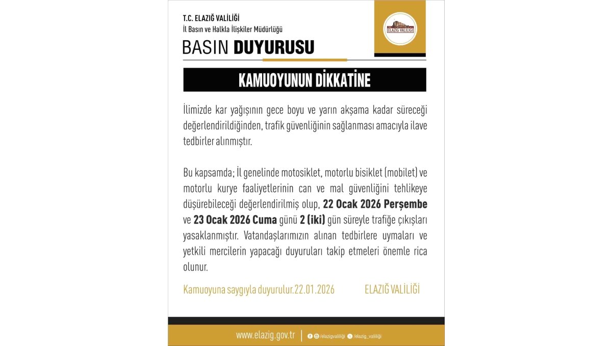 Elazığ'da motosiklet, mobilet ve motorlu kuryelerin trafiğe çıkışları yasaklandı
