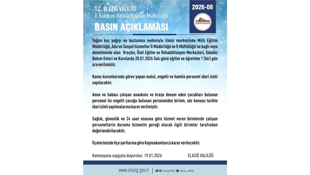 Elazığ'da rehabilitasyon ve bakımevi kurslarına 1 gün daha kar tatili