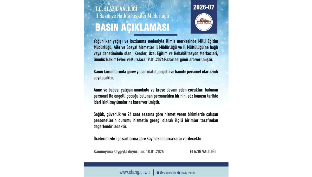 Elazığ'da rehabilitasyon ve bakımevi kurslarına kar tatili