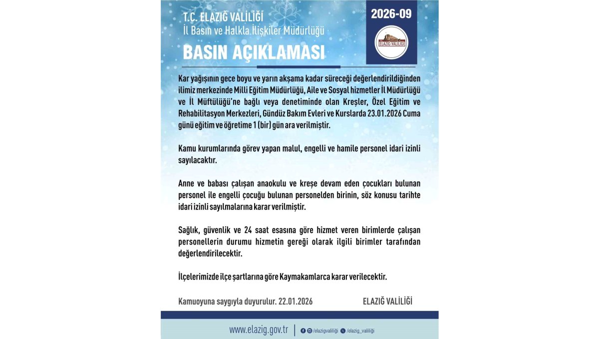 Elazığ'da rehabilitasyon ve bakımevi kurslarına kar tatili