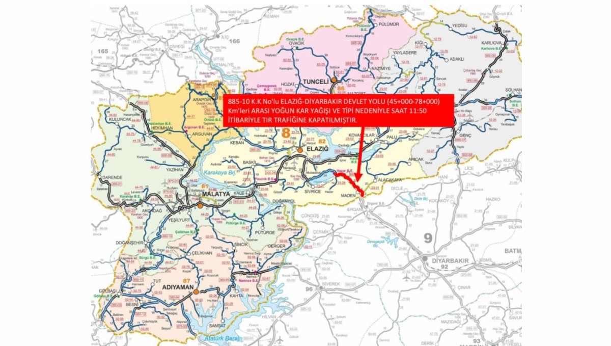 Elazığ-Diyarbakır karayolu ağır taşıt trafiğine kapatıldı
