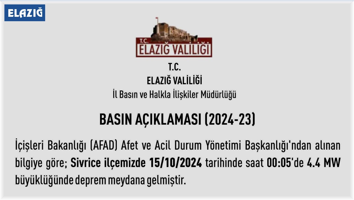 Elazığ Valiliği'nden deprem açıklaması: "Herhangi bir hasar ihbarı yapılmamıştır"