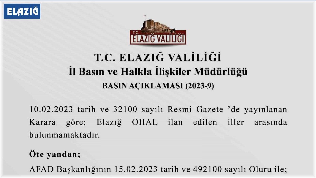 Elazığ Valiliği'nden OHAL açıklaması