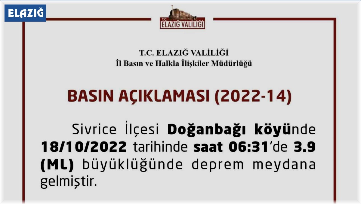 Elazığ Valiliğinden deprem açıklaması, "Olumsuz herhangi bir ihbar bulunmamaktadır"