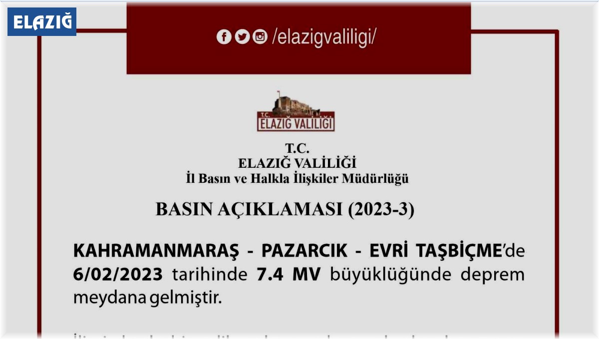 Elazığ Valisi Ömer Toraman: "Şu ana kadar ilimizde herhangi bir yıkım ihbarı almadık"