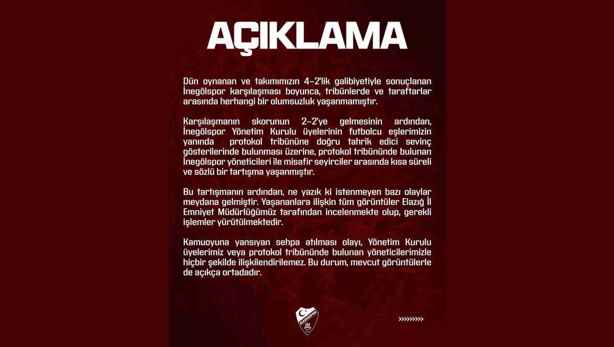 Elazığspor'dan olaylara ilişkin açıklama