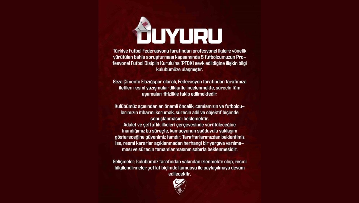 Elazığspor: "Gelişmeler kulübümüz tarafından izlenmekte"