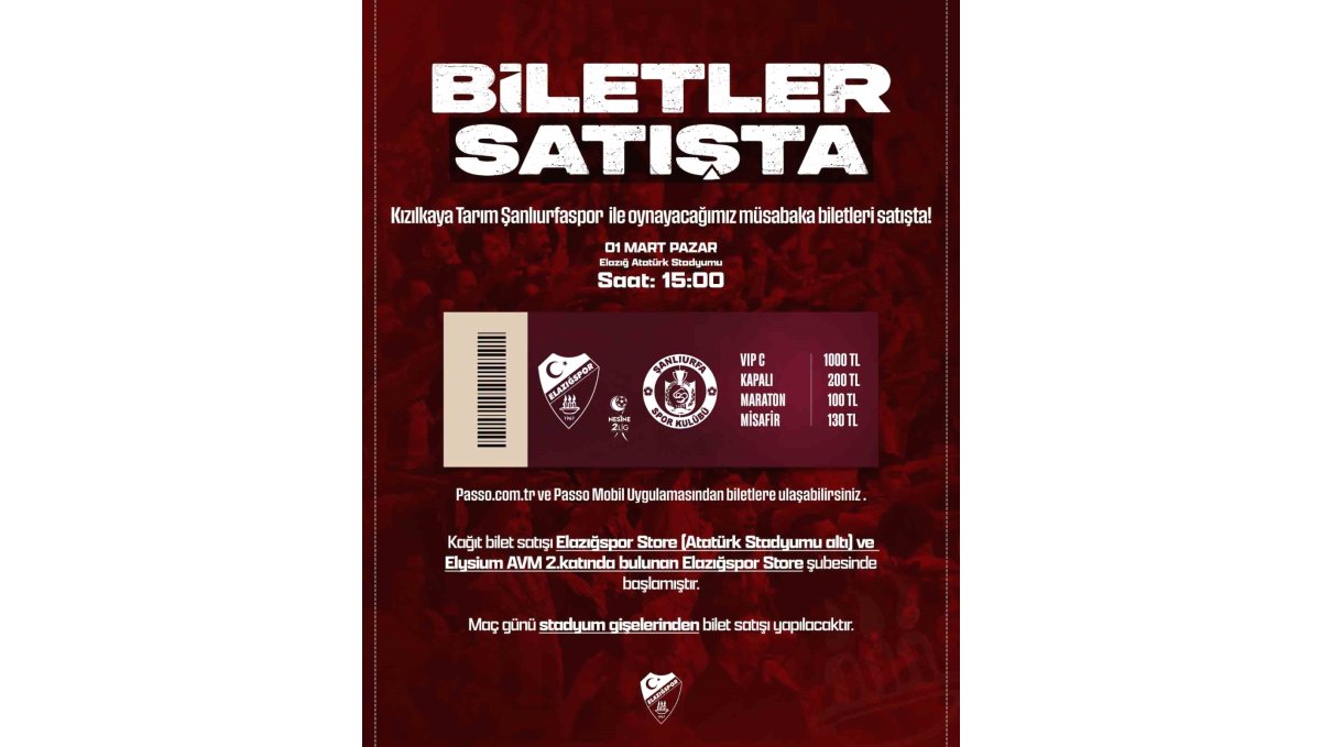 Elazığspor - Şanlıurfaspor maç biletleri satışta