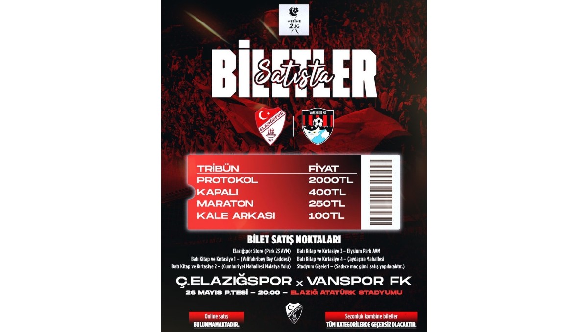 Elazığspor - Vanspor FK rövanş maçı biletleri satışta