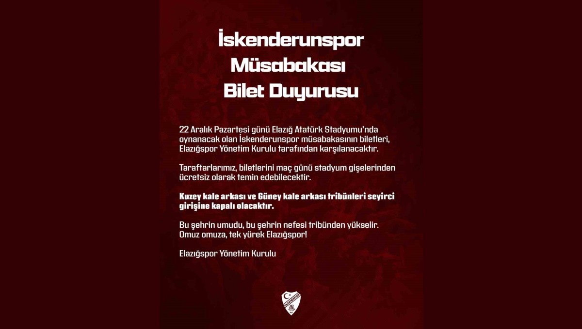 Elazığspor yönetimi, İskenderunspor maçının biletlerini ücretsiz dağıtacak