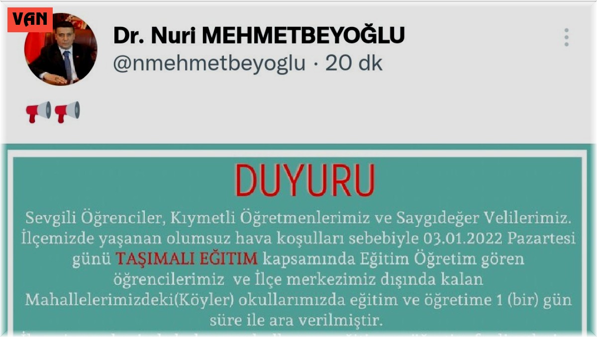 Erciş'te olumsuz hava şartları sebebiyle taşımalı eğitime 1 gün ara verildi