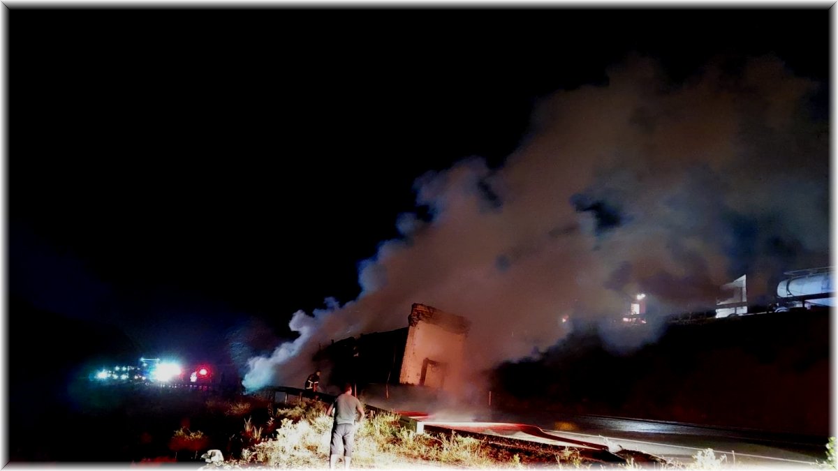 Erzincan’da tomruk yüklü tır alev alev yandı