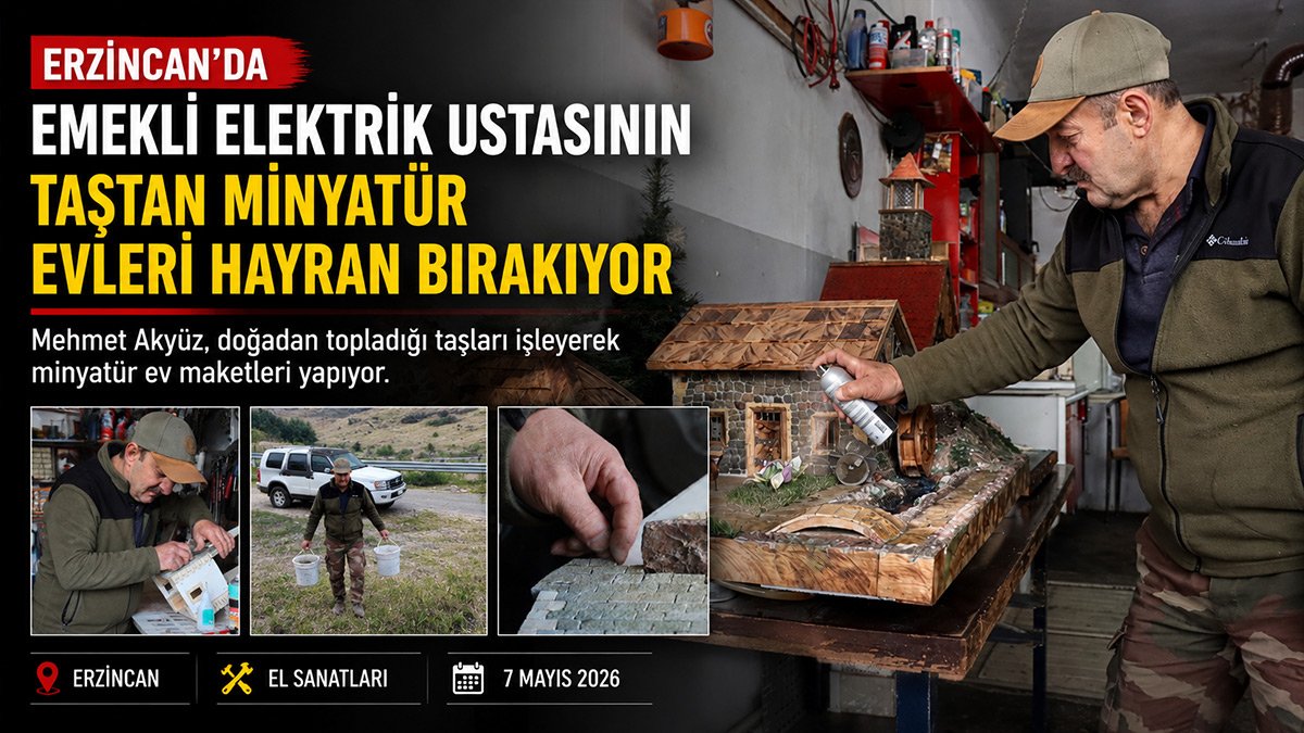 Erzincanlı emekli usta Mehmet Akyüz doğadan topladığı taşlarla minyatür evler yapıyor