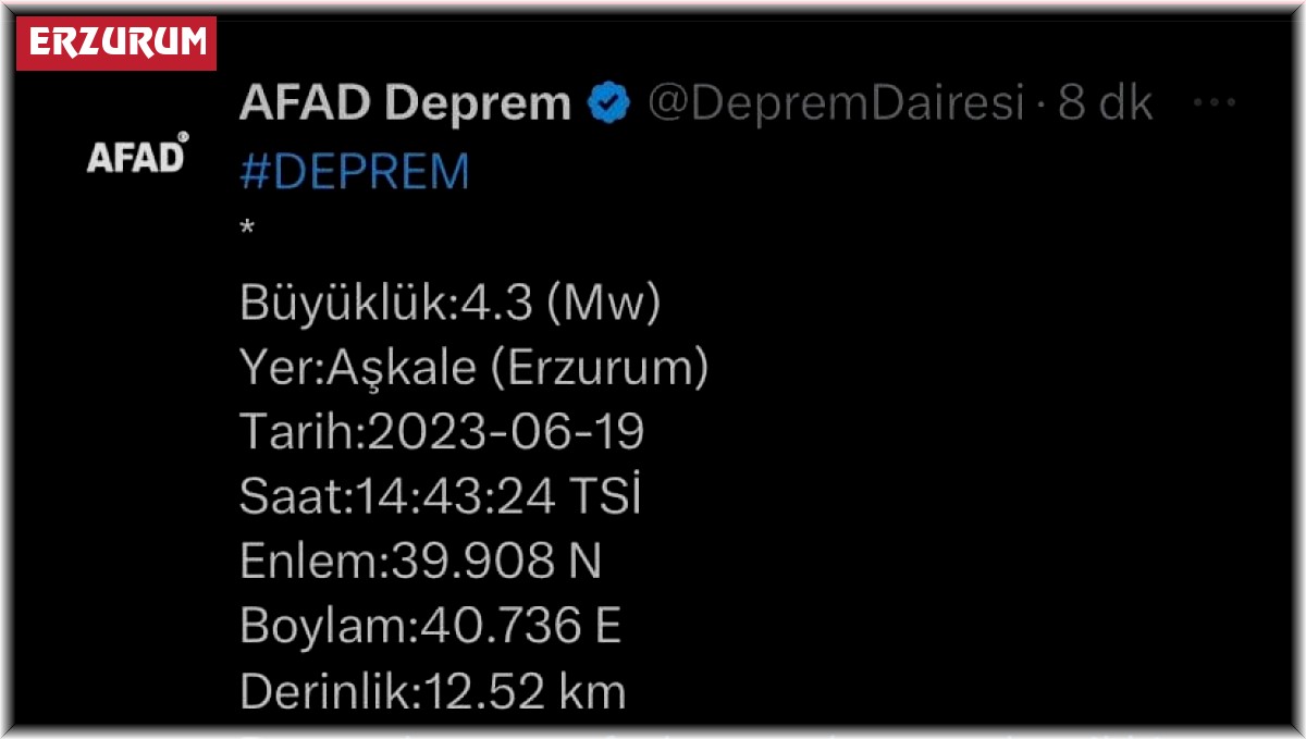 Erzurum'da 4,3 büyüklüğünde deprem