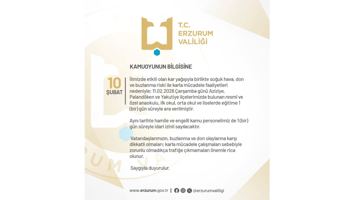 Erzurum'da eğitime bir gün ara verildi